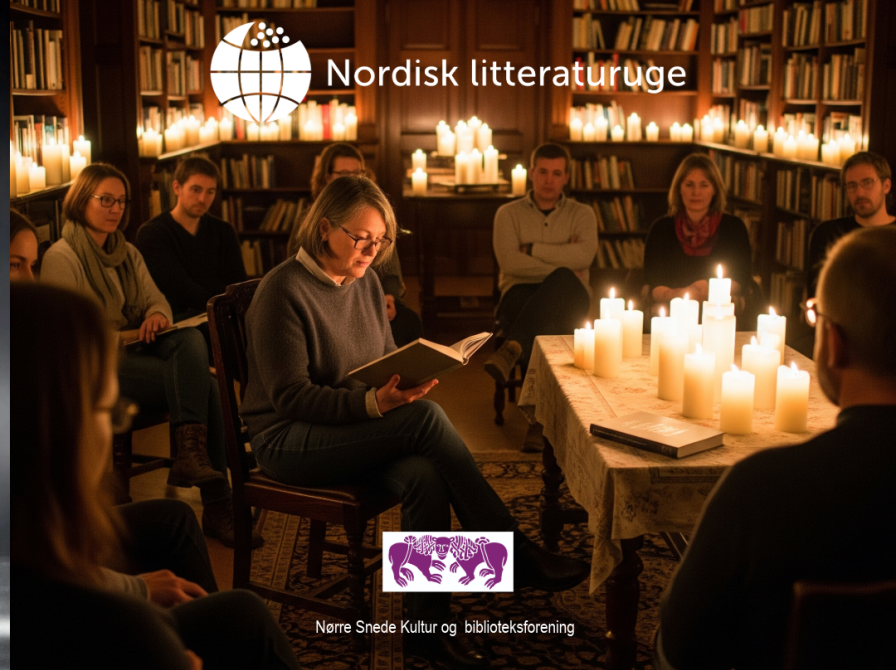 Billede af oplæser omgivet af lyttende publikum siddende i dunkelt rum